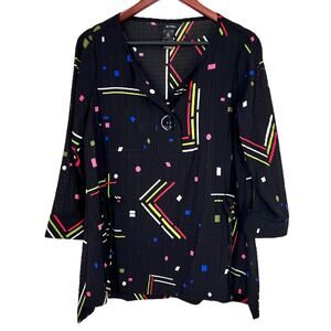 Ali Miles Small Wearable Art to Wear Black Pink Abstract Artsy Blouse Shirt Top